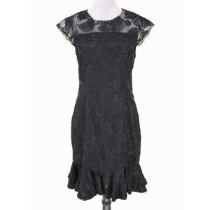 H Halston Dress Womens 8 Black Mesh Embroidered Side Zip Lined Ruffle Hem Party